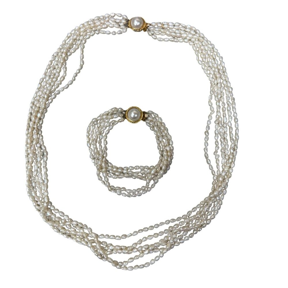 Vintage Multi-Strand Freshwater Pearl Necklace  & Bracelet Gold Tone Clasp Set